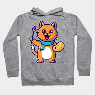 Cute Cat Painter Holding Colour Pallete And Brush Cartoon Hoodie